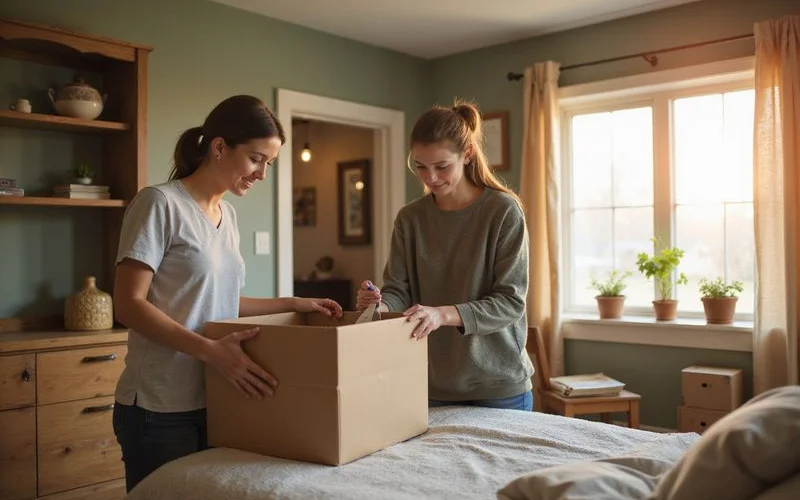 Adult daughter helping her mother sort belongings into keep, donate and family boxes