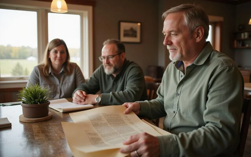 Adult son reviewing his late father's house deed and paperwork