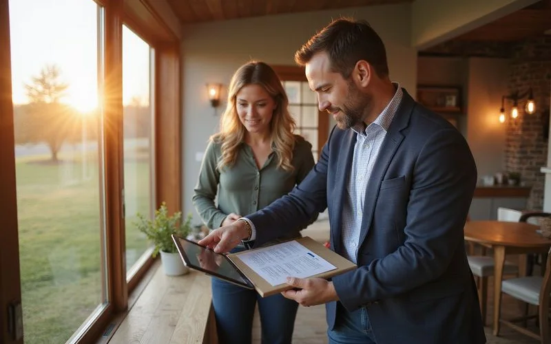 Agent pointing to a comps table on a tablet while a homeowner looks on, warm natural light