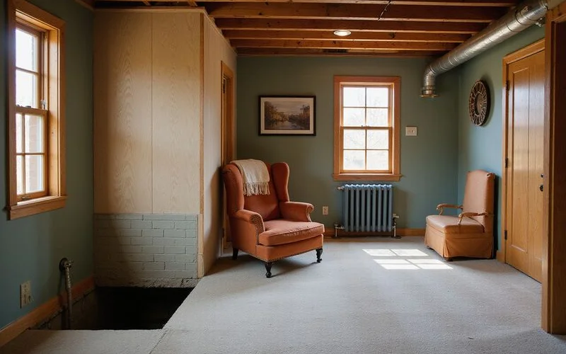 Basement of an older Midwestern home with radon mitigation pipe and sump pit, clean and well lit