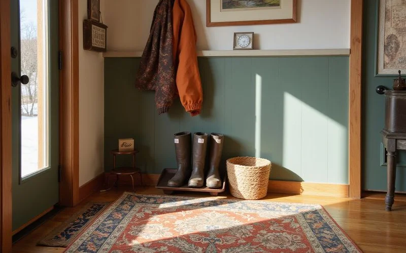 Boot tray and entry rug inside the front door of a Minnesota home ready for a winter showing