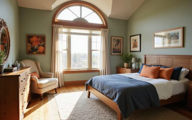 Bright bedroom set up for a student in a Mankato house, natural light
