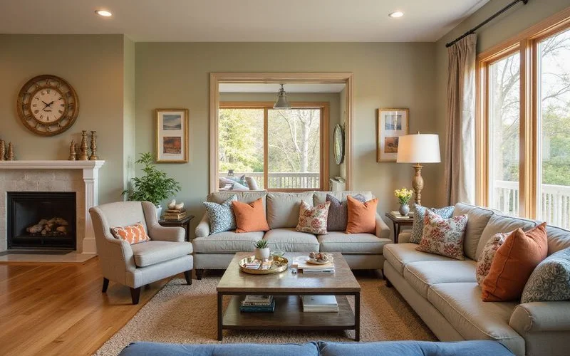 Bright staged living room in a Midwestern home photographed at golden hour, wood floors
