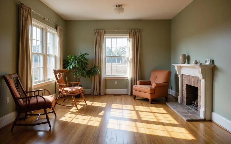 Cleared living room after an estate clean-out, lightly staged for photos