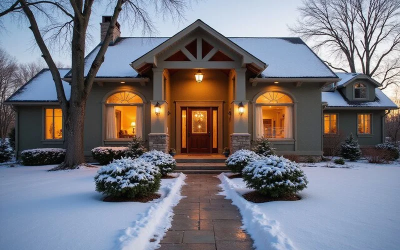 Cleared front walk and snow-dusted shrubs at a Midwestern home on a bright winter afternoon
