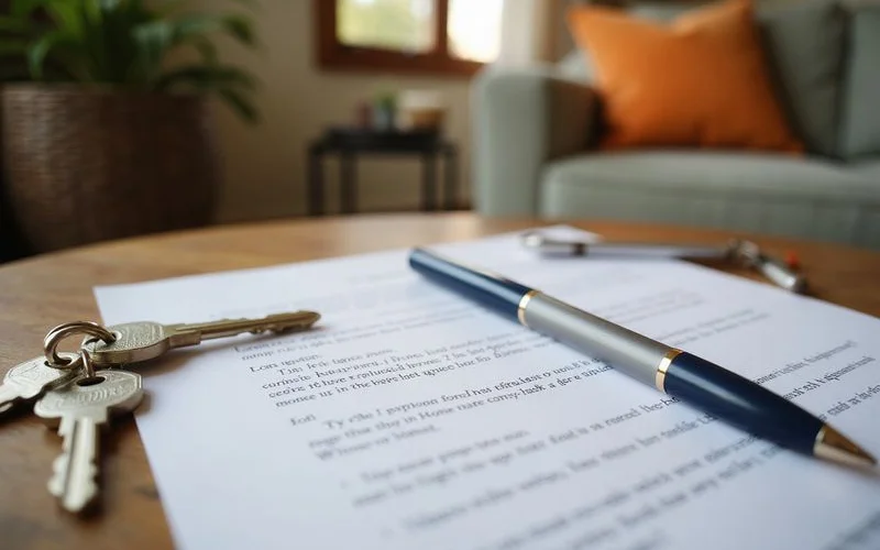 Close-up of a pen resting on a printed agreement next to house keys