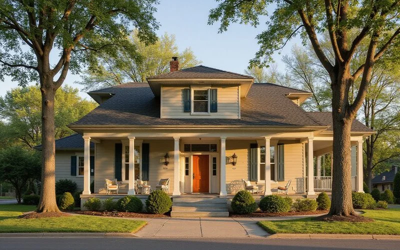 Colonial Revival home facade with mature trees in late afternoon sun