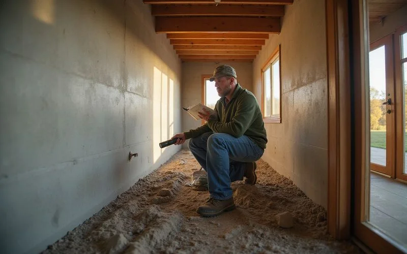 Contractor inspecting a foundation wall with a flashlight and clipboard