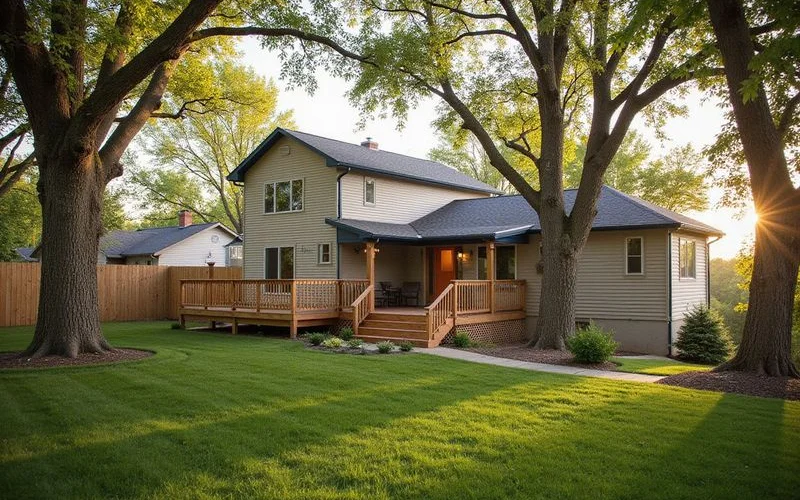 Established Mankato backyard with mature trees and a finished deck