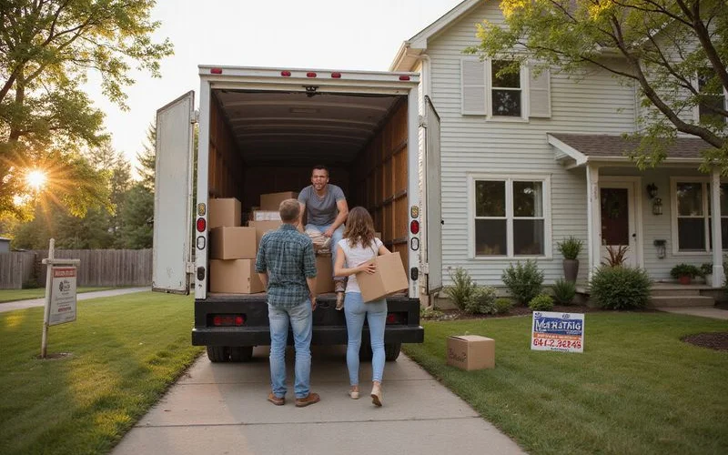 Family loading a moving truck outside their listed Mankato home