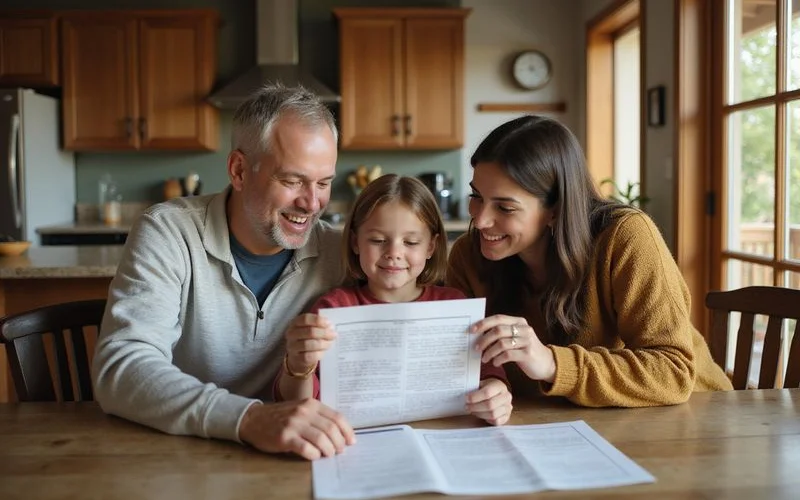 Family reviewing a comparison chart at a dining table, natural light