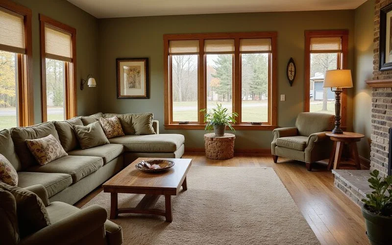 Finished basement family room in a 2000s Midwestern home, warm lighting