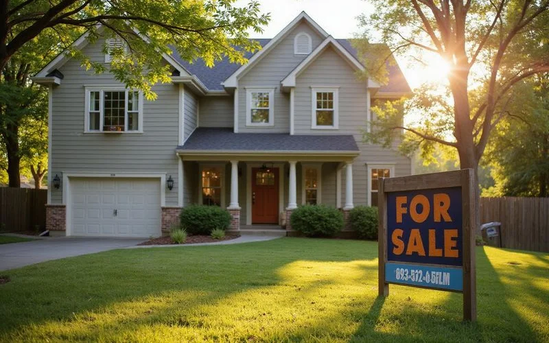 For-sale sign in front of a well-kept two-story Midwestern home with mature trees, late afternoon light