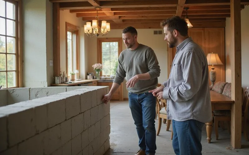 Contractor explaining a foundation crack and repair estimate to a homeowner