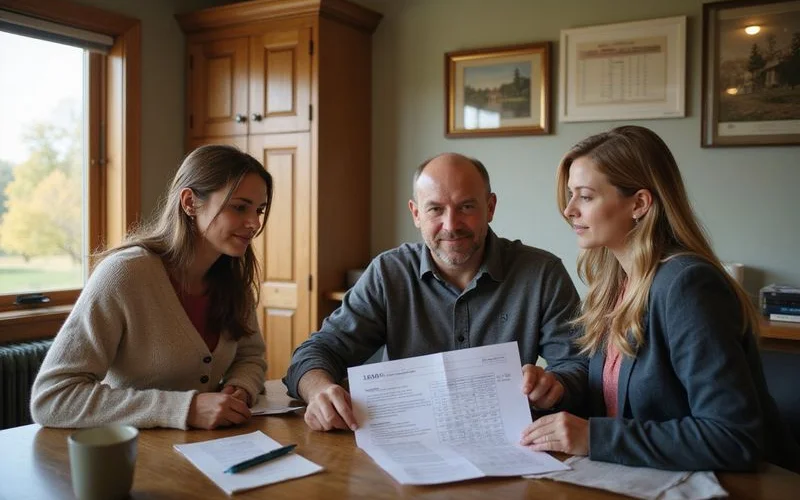Heirs reviewing a home value report and tax worksheet with an accountant