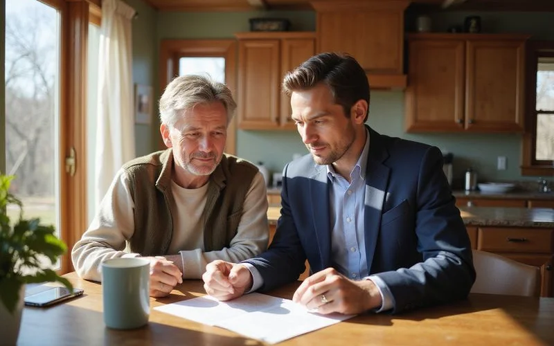 Homeowner and agent discussing numbers at a sunlit dining table