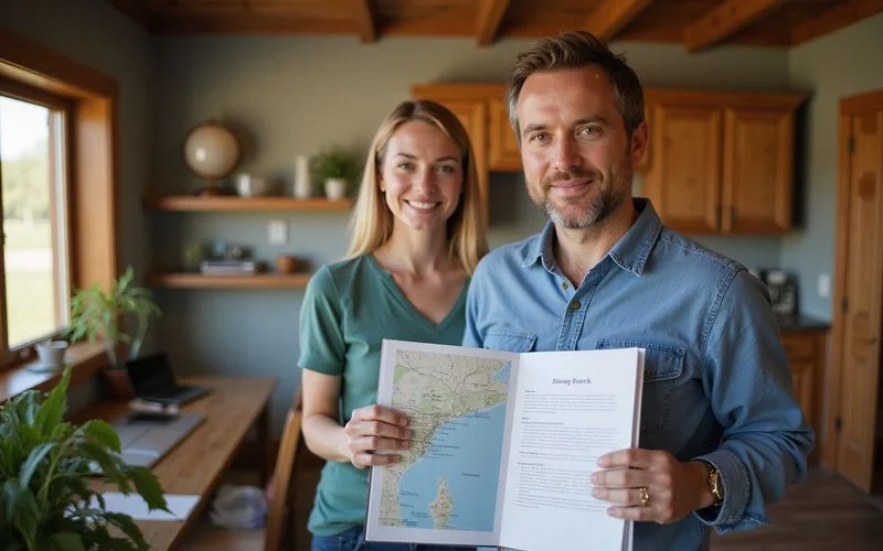 Homeowner holding a flood map printout and insurance folder in a tidy home office