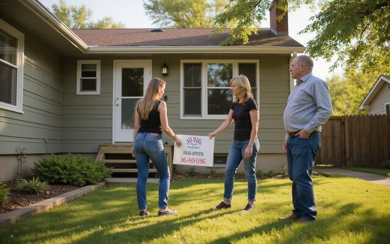 Homeowner placing a for-sale-by-owner sign in front of a Mankato home