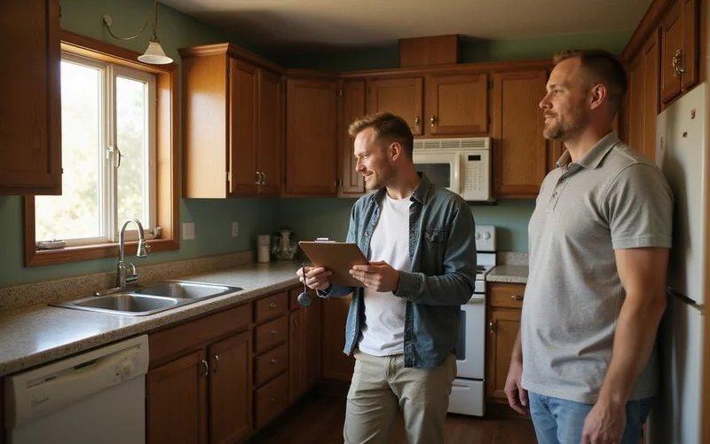 Investor estimating repair costs in a dated Mankato kitchen