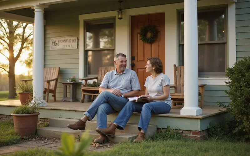 Landlord and tenant chatting on a porch in friendly afternoon light