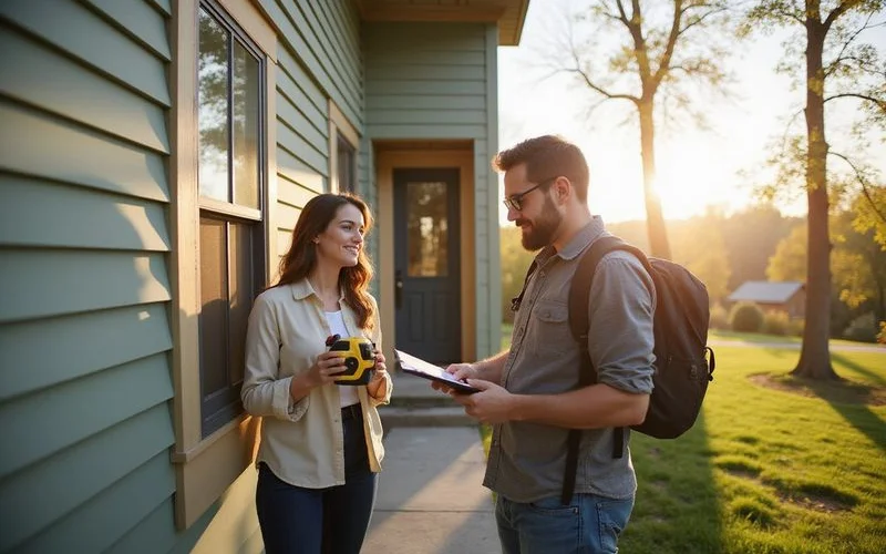 Licensed appraiser measuring the exterior of a Minnesota home