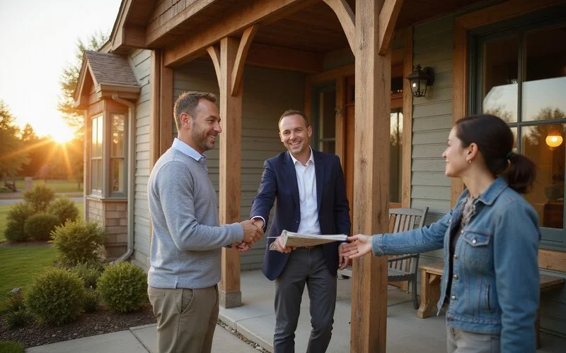 Local agent shaking hands with sellers on a front porch at golden hour