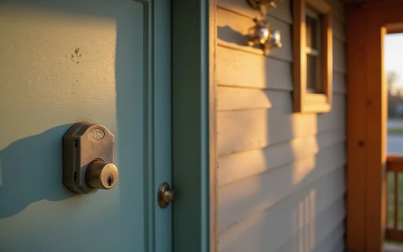 Lockbox on the front door of a well-kept vacant Midwestern house