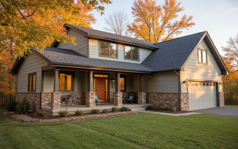 Mankato split-level home with fall foliage at golden hour