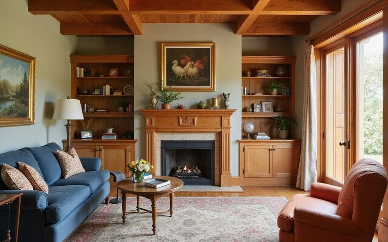 Original oak woodwork and built-ins in a Craftsman living room, warm light