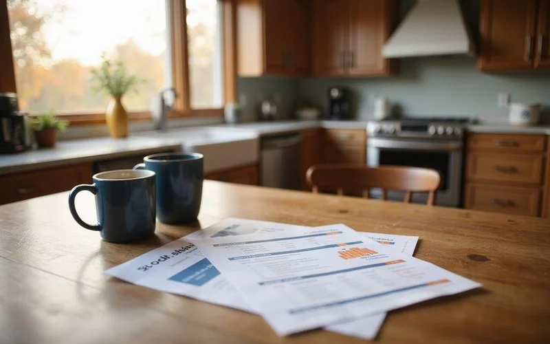 Printed net sheet and comparable sales on a wooden table with two coffee mugs, natural light