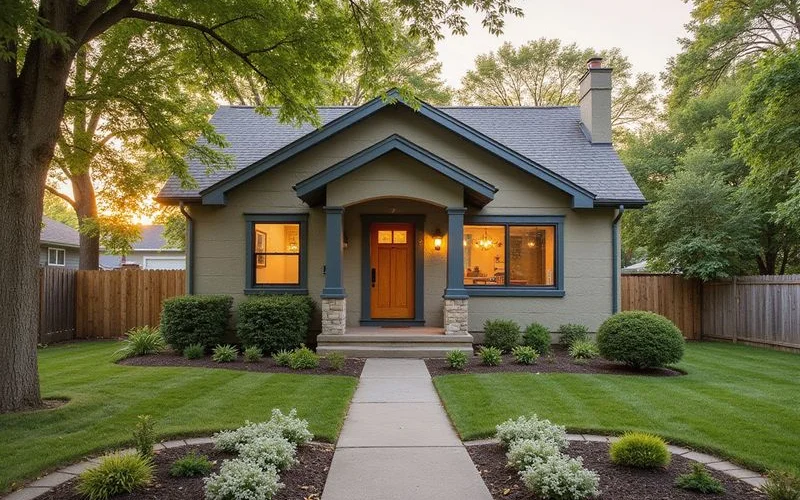 Quiet older Mankato home with a tidy front walk at golden hour