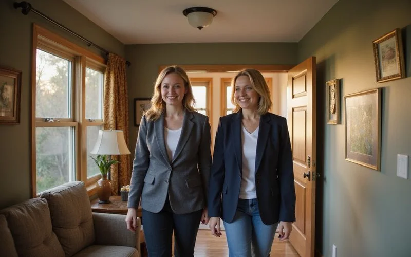Realtor and an adult daughter walking through her late mother's Mankato home during an estate sale walkthrough
