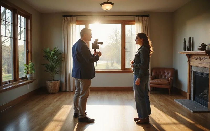 Realtor filming a video walkthrough in a sunlit empty living room