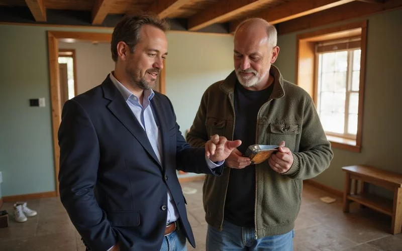 Realtor pointing out a minor repair item to a homeowner in the basement of an older Mankato home