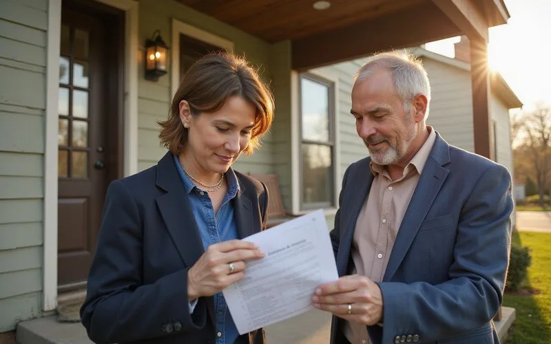 Realtor reviewing a rent roll with a landlord on the porch of a Mankato duplex