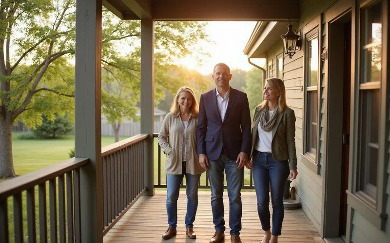Realtor showing a couple the backyard of a Mankato home for sale on a sunny afternoon