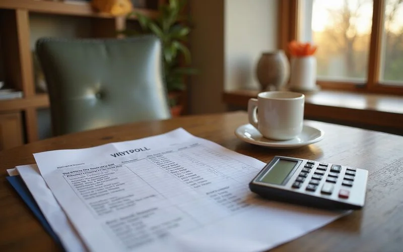 Rent roll spreadsheet printout and calculator on a desk