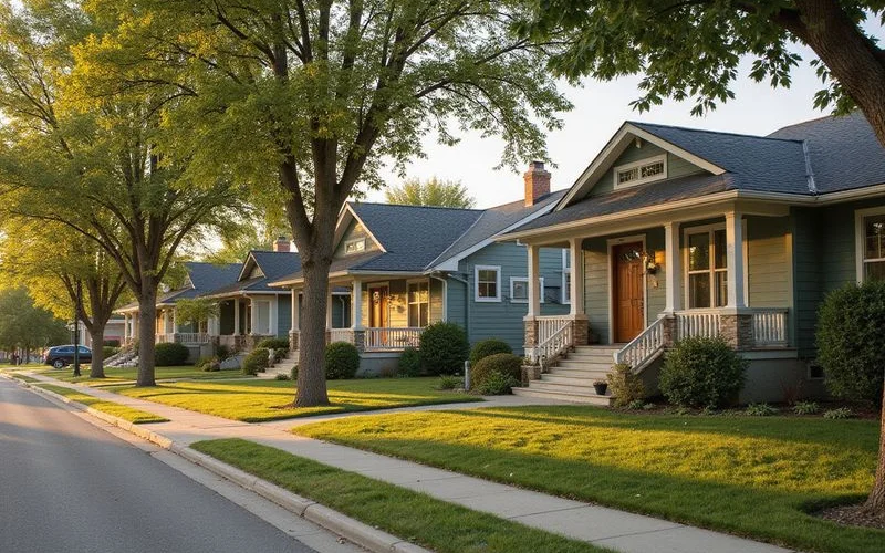Row of well-kept Mankato homes on a tree-lined street in late afternoon light