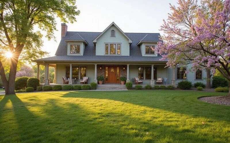 Same style Midwestern home in spring with green lawn and blooming lilacs, late afternoon light