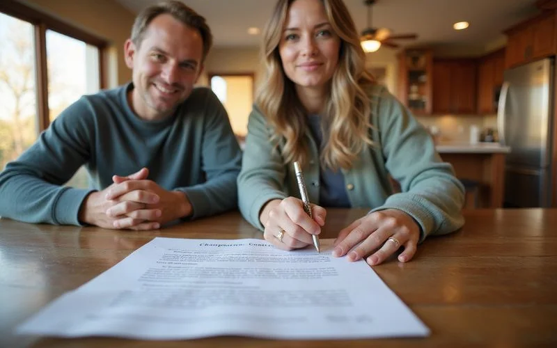 Seller highlighting clauses in a purchase contract at a wooden table