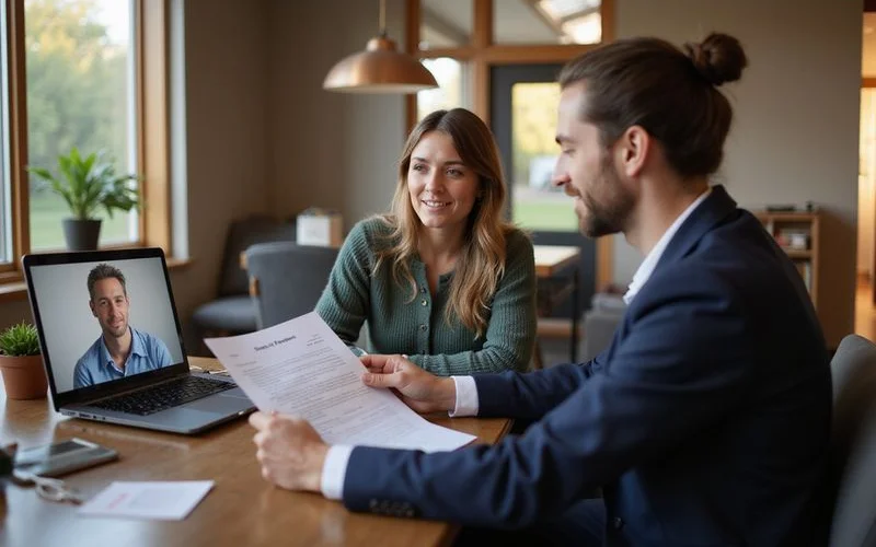 Seller on a video call reviewing a purchase agreement from out of state