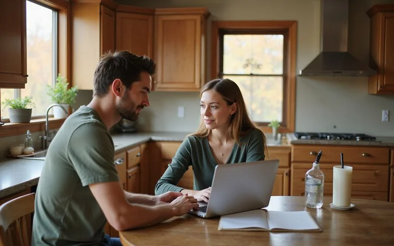 Seller on a laptop at a kitchen table comparing listing options, warm light