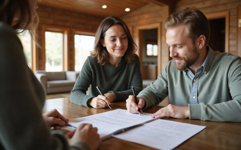 Seller signing closing documents at a wooden table with a title officer, warm natural light