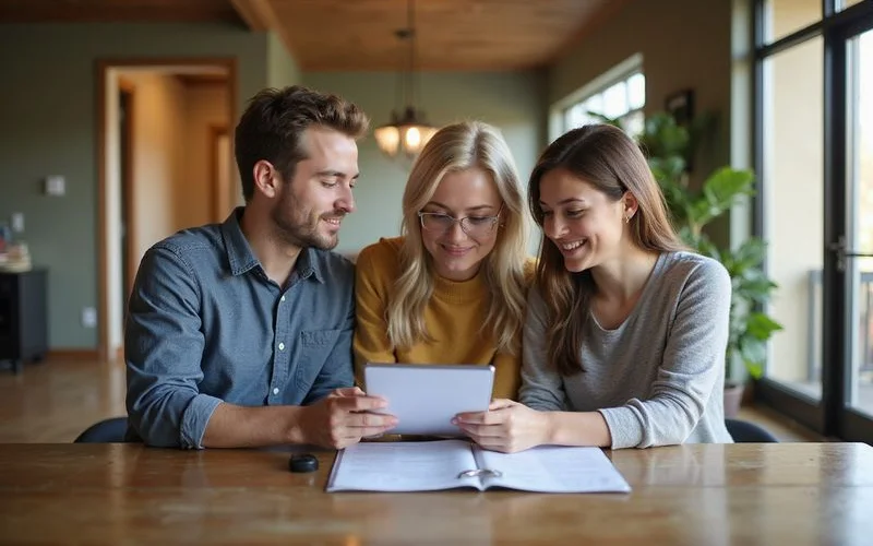 Seller signing documents on a tablet in a new apartment, natural light