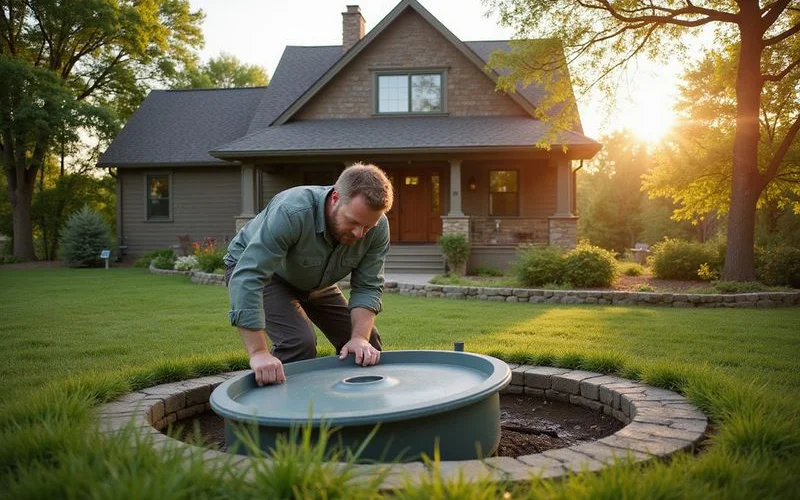Septic inspector lifting a tank lid in a green rural Minnesota yard, natural light
