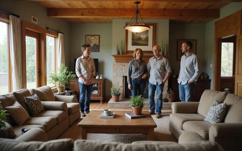 Several buyers touring a dated living room during an open house, natural light