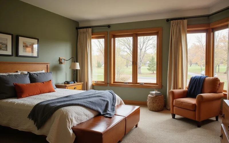 Simply staged bedroom with a few kept furnishings, warm natural light