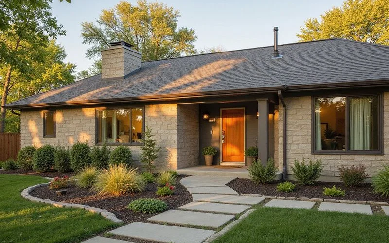 Single-level twin home in North Mankato with a small garden, golden hour
