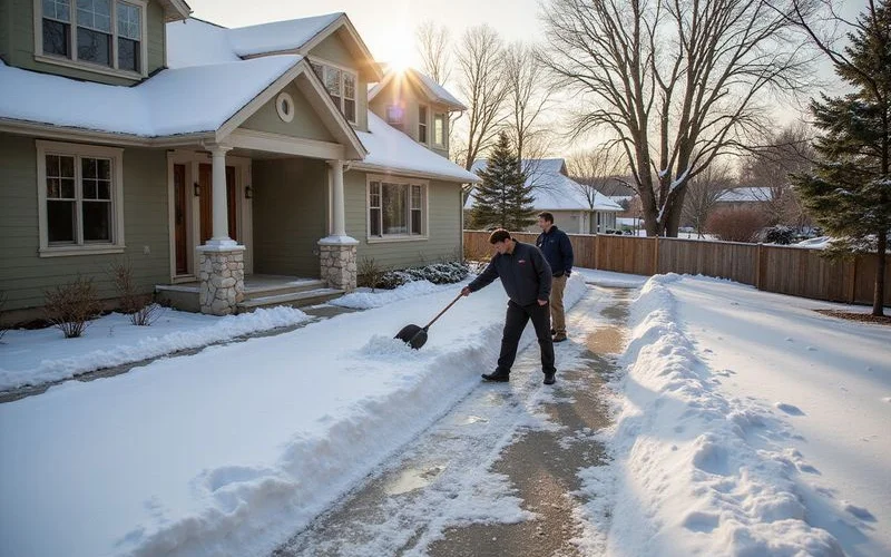 Snow being cleared from the driveway of a vacant home before a showing