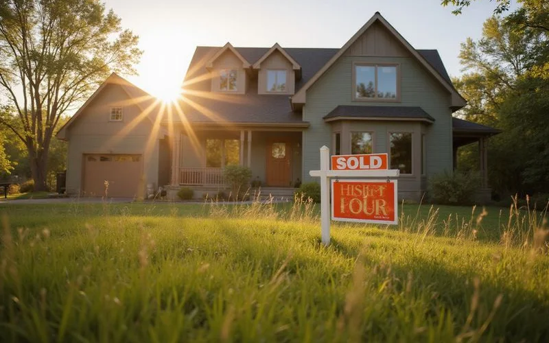 Sold rider on a yard sign in front of a Midwestern home, golden hour